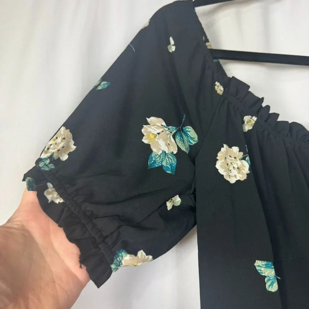Black Floral Off the Shoulder Corset Style Mini Dress Fairy Whimsigoth Cottage S
